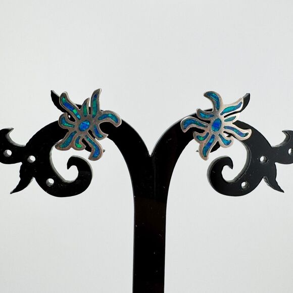 925 Sterling Silver Opal Inlay Blue Abstract Starburst Stud Earrings Southwester - Picture 2 of 8